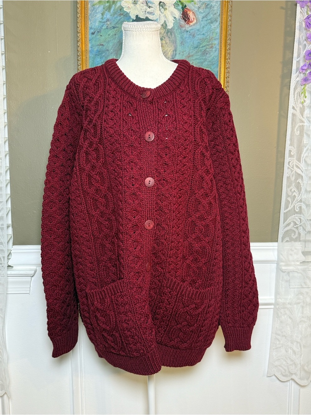 Aran Crafts Ireland XXL Merino Wool Cable Knit Fisherman Cardigan Red